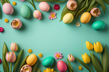 colorful tulips and eggs lying on teal green background with copy space for easter cardの素材