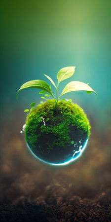 green nature social media background concept for earth day with plant seed in the forest growing on the planet and water around itの素材