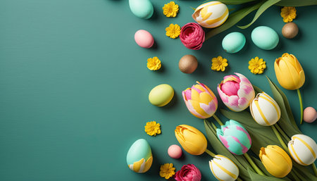colorful tulips and eggs lying on teal green background with copy space for easter greeting cardの素材