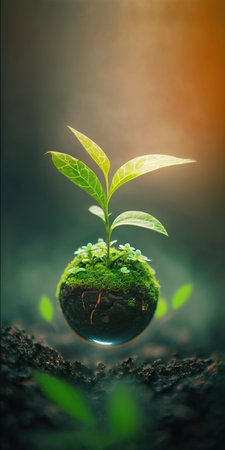 green nature social media background concept for earth day with plant seed in the forest growing on the planet and water around itの素材