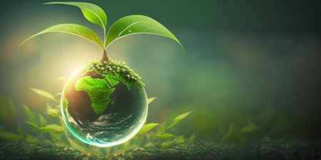 green natural environment background concept for earth day april with plant seed in the forest growing on the planet and water around itの素材