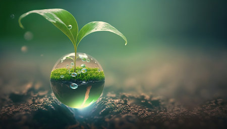 green natural conversation background for earth day april concept with plant seed in the forest growing on the planet and water around itの素材