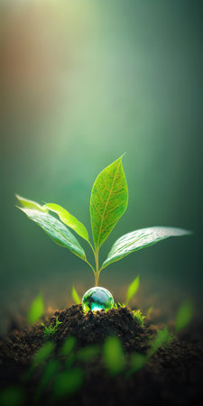 green nature social media background concept for earth day with plant seed in the forest growing on the planet and water around itの素材