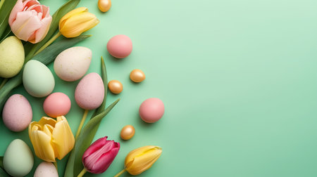 Happy Easter card background with tulips and decorative eggsの素材