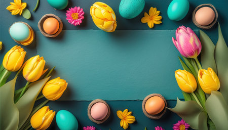 colorful tulips and eggs lying on teal green background with copy space for easter celebrationの素材