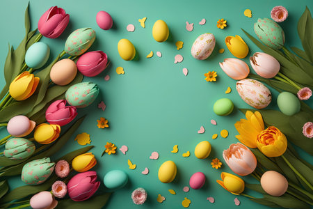 colorful tulips and eggs lying on teal green background with copy space for easter cardの素材