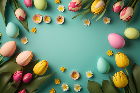 colorful tulips and eggs lying on teal green background with copy space for easter cardの素材