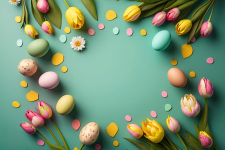 colorful tulips and eggs lying on teal green background with copy space for easter celebrationの素材