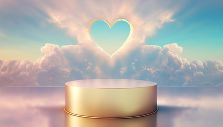 gold podium product display stage or stand background platform above sky with clouds around and love heartの素材