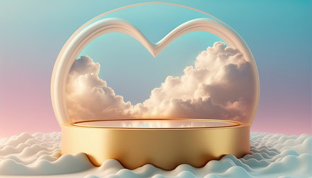 golden podium product showcase stage background platform above sky with clouds around and love heartの素材