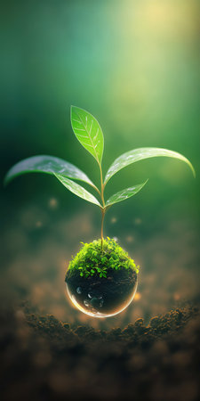 green nature social media background concept for earth day with plant seed in the forest growing on the planet and water around itの素材