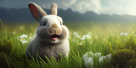 cute animal pet rabbit or adorable bunny on the meadow for easter bannerの素材