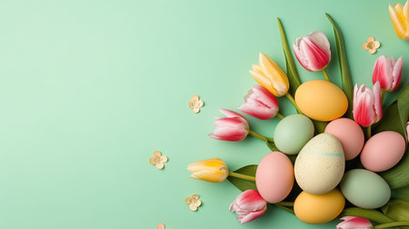 Happy Easter greeting background with tulips and decorative eggsの素材