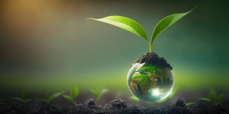 green natural conversation background concept for earth day celebration with plant seed in the forest growing on the planet and water around itの素材