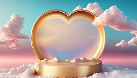 golden podium product advertising stage background platform or pedestal surrounded by clouds and love heartの素材