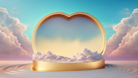 gold podium product display stage or stand background platform with clouds around it and love heartの素材
