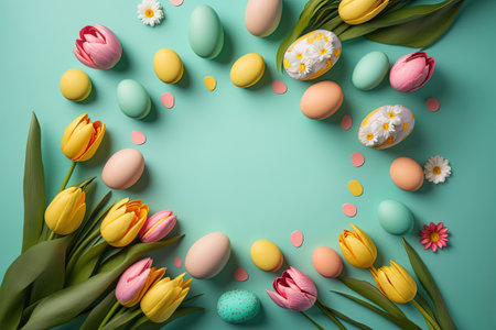colorful tulips and eggs lying on teal green background with copy space for easter celebrationの素材