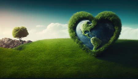 heart shaped planet on green grass for earth dayの素材