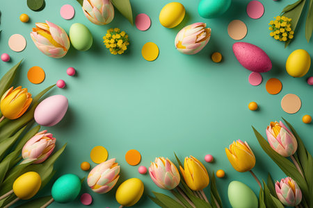 colorful tulips and eggs lying on teal green background with copy space for easter greeting cardの素材