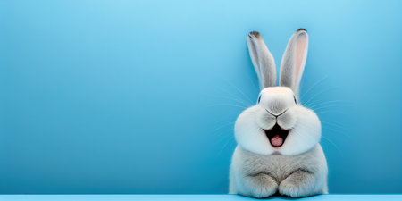 cute animal pet rabbit or bunny white color smiling and laughing isolated with copy space for easterの素材