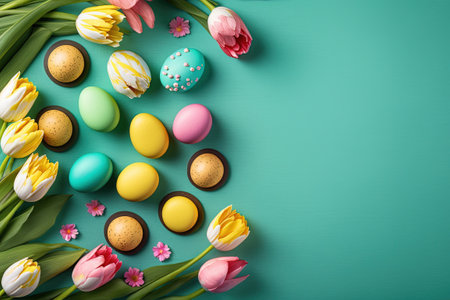 colorful tulips and eggs lying on teal green background with copy space for easter greeting cardの素材