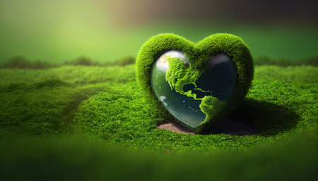 heart shaped planet on green lawn for earth dayの素材