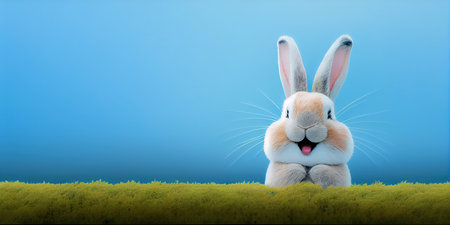cute animal pet rabbit or bunny white color smiling and laughing isolated with copy space for easter bannerの素材