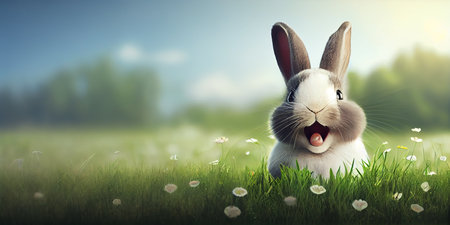 cute animal pet rabbit or adorable bunny on the lawn for easter bannerの素材