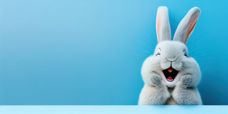 cute animal pet rabbit or bunny white color smiling and laughing isolated with copy space for easter celebrationの素材