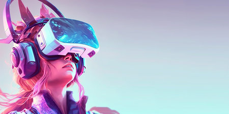 woman using digital smart device technology googles headset looking into the world of metaverse virtual reality with empty spaceの素材