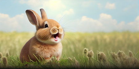 cute animal pet rabbit or adorable bunny on the meadow for easter backgroundの素材