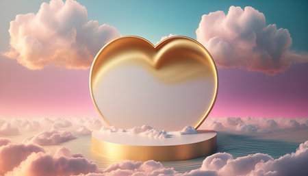 golden podium product showcase stage background platform with clouds around it and love heartの素材