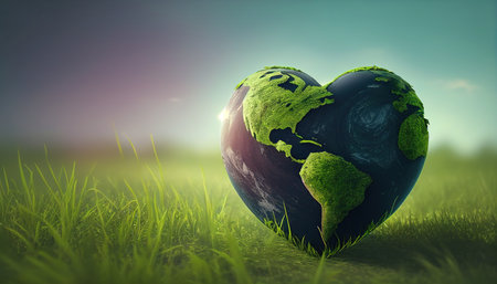 heart shaped planet on green meadow for earth dayの素材