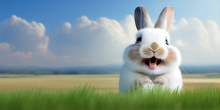 cute animal pet rabbit or adorable bunny on the meadow for easterの素材