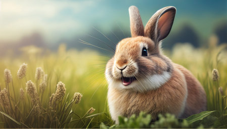 cute animal pet rabbit or adorable bunny on the lawn for easterの素材