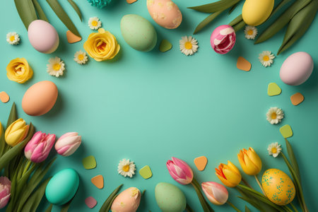 colorful tulips and eggs lying on teal green background with copy space for easter celebrationの素材
