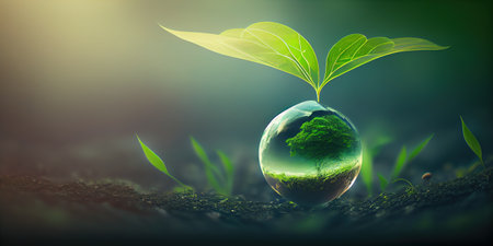 green natural conversation background for earth day with plant seed in the forest growing on the planet and water around itの素材