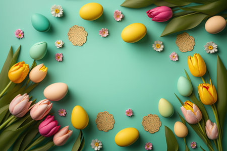 colorful tulips and eggs lying on teal green background with copy space for easter greeting cardの素材