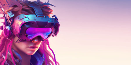 woman using digital artificial intelligence device technology googles headset looking into the world of metaverse virtual reality with copy spaceの素材