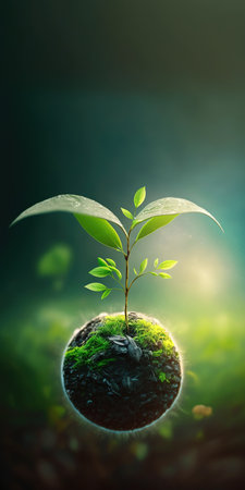 green nature social media background concept for earth day with plant seed in the forest growing on the planet and water around itの素材