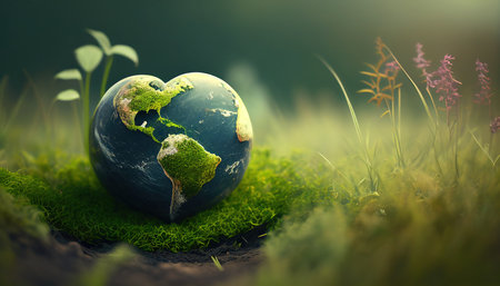 heart shaped planet on green meadow for earth dayの素材