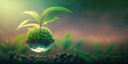 green nature background concept for earth day april with plant seed in the forest growing on the planet and water around itの素材
