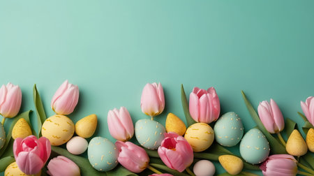 Top View of Happy Easter celebration background with tulips and decorative eggs in various colorsの素材