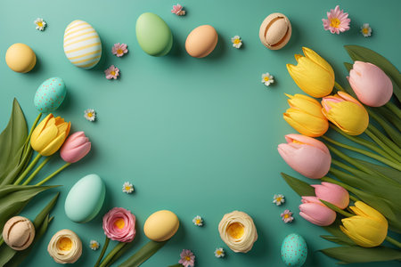 colorful tulips and eggs lying on teal green background with copy space for easter cardの素材