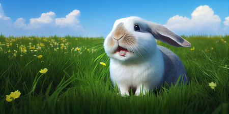 cute animal pet rabbit or adorable bunny on the grass for easter bannerの素材