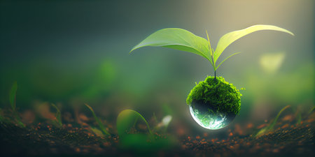 green nature background for earth day concept with plant seed in the forest growing on the planet and water around itの素材