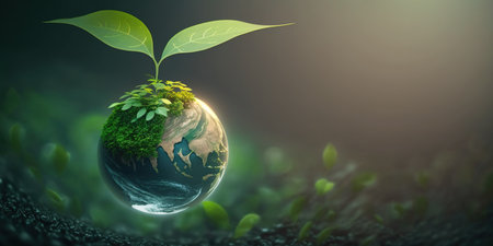 green natural environment background concept for earth day with plant seed in the forest growing on the planet and water around itの素材