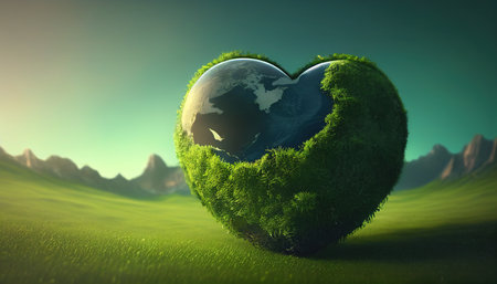 heart shaped planet on green lawn for earth dayの素材