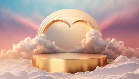 gold podium product showcase stage or stand background platform with clouds around it and love heartの素材