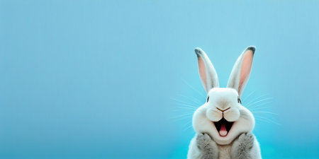 cute animal pet rabbit or bunny white color smiling and laughing isolated with copy space for easterの素材